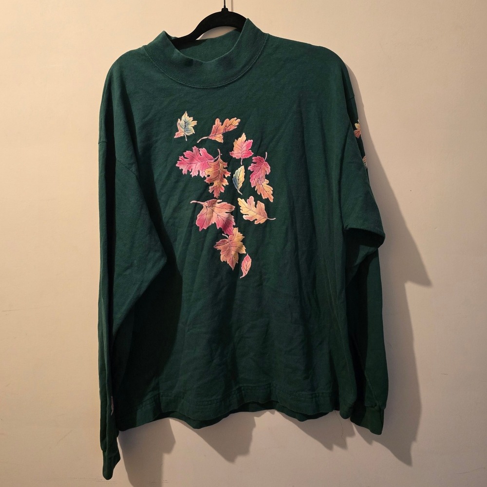 Vintage 90s Cotton Deluxe T-Shirt Mens XL Green Fall Leaves Graphic Long Sleeve